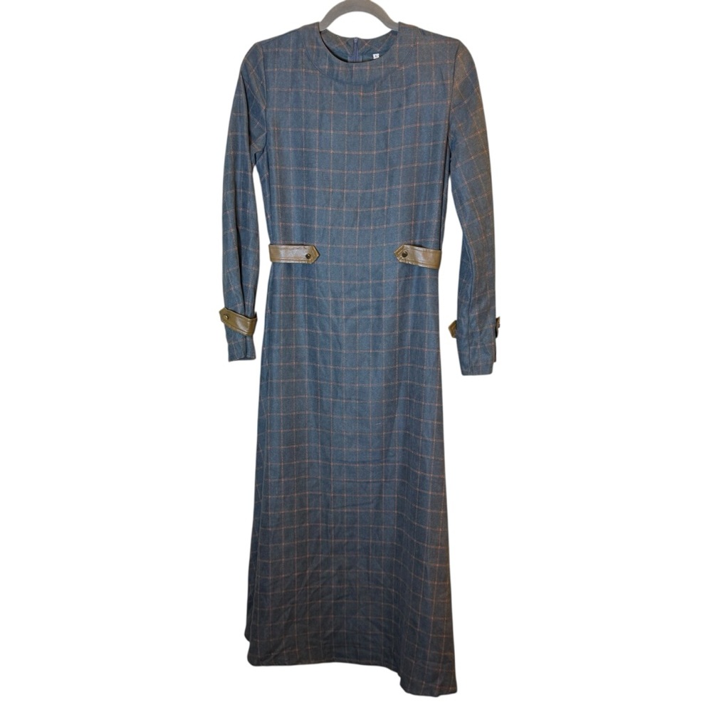 Sucrefas Women’s Chic Long Sleeve Equestrian Dress in Gray Brown Check Sz